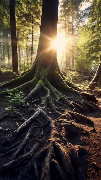 Der Baum wird bei Sonnenaufgang mit seinen Wurzeln in einem dichten Wald festgehalten. Generative KI