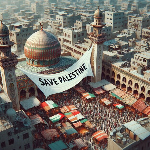 Der belebte palästinensische Markt unter dem "Save Palestine"-Banner in digitaler Kunst dargestellt