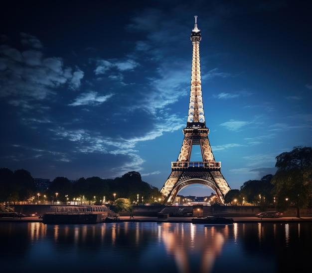 Der beleuchtete Eiffelturm bei Nacht an der Seine in Paris, Frankreich