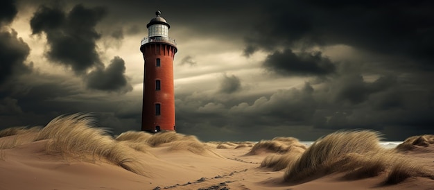 Foto der berühmte backsteinleuchtturm darsser ort leuchturm mit sand- und dünenlandschaft und launischen dunklen wintersturmwolken