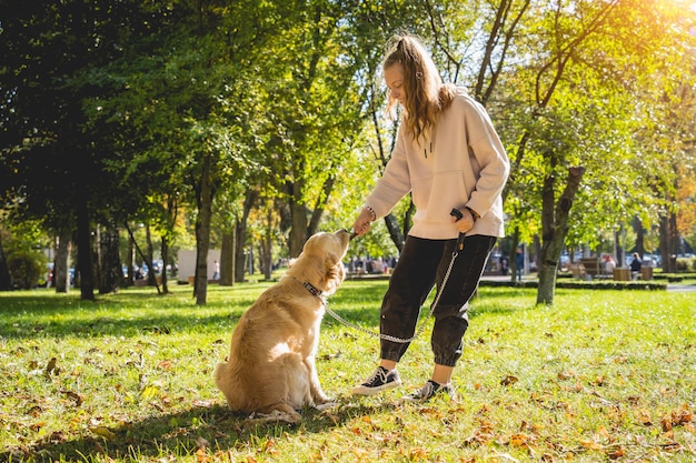 Der Besitzer spielt den Golden Retriever Hund im Park