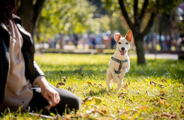 Der Besitzer trainiert den Jack-Russell-Terrier-Hund im Park