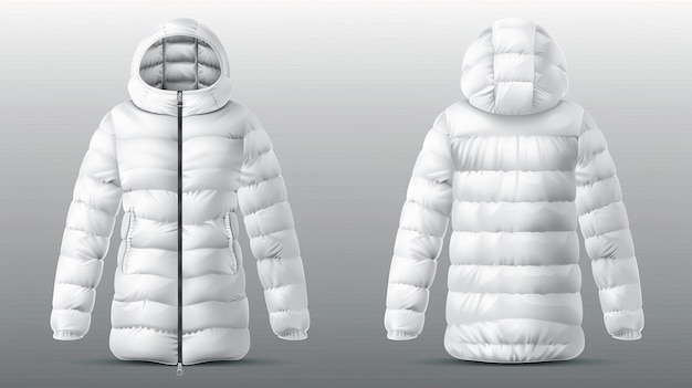 Foto der beste satz von realistischen weißen puffercoat-mockups auf einem transparenten hintergrund moderne illustration von warmer, mit reißverschluss versehener oberwäsche mit front- und rücksicht