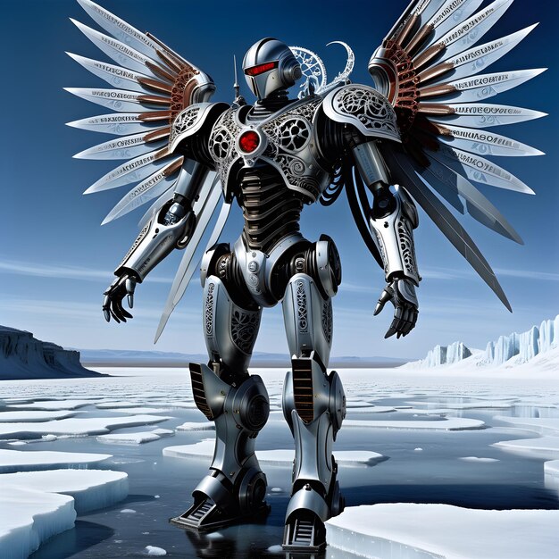 Der biomechanische Cybermech-Engel stand hoch gegen die eisige, kalte Landschaft. Sein komplizierter Metall gewann.