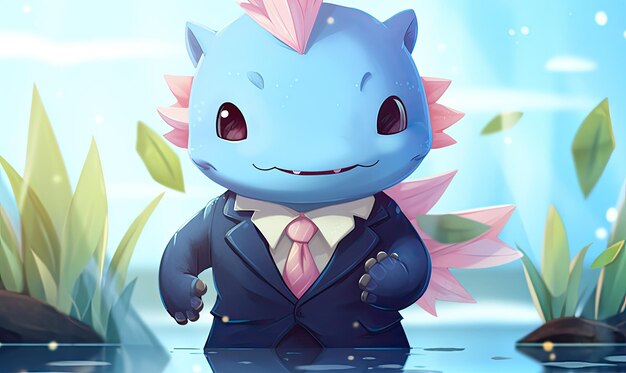 Der blaue Axolotl trägt einen eleganten Business-Stil, der zum Erfolg bereit ist