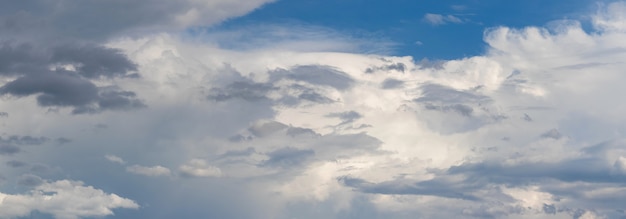 Der blaue Himmel ist mit verschiedenen hellen und dunklen Wolken bedeckt, der Himmel nach dem Regen