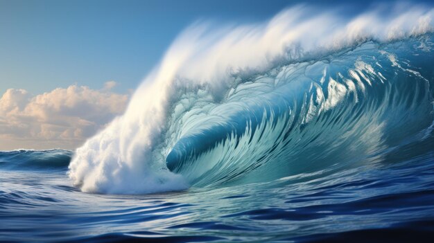 Der blaue Ozean, die große Welle, der bewölkte blaue Himmel