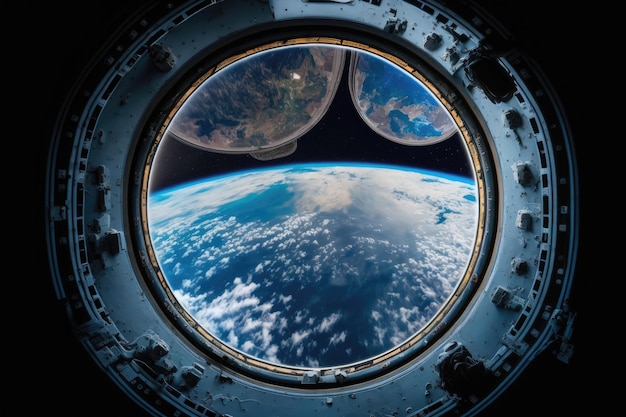 Der Blick auf die Erde aus dem Fenster einer Raumstation Generative KI
