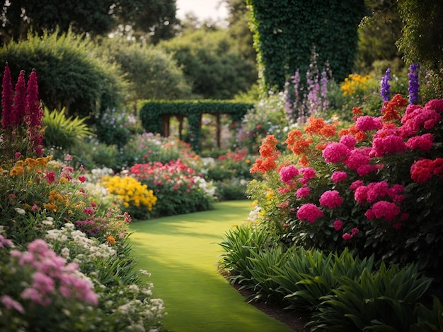 Foto der blick auf einen paradiesischen garten mit einer vielzahl von blumen, die dem auge angenehm und beruhigend sind