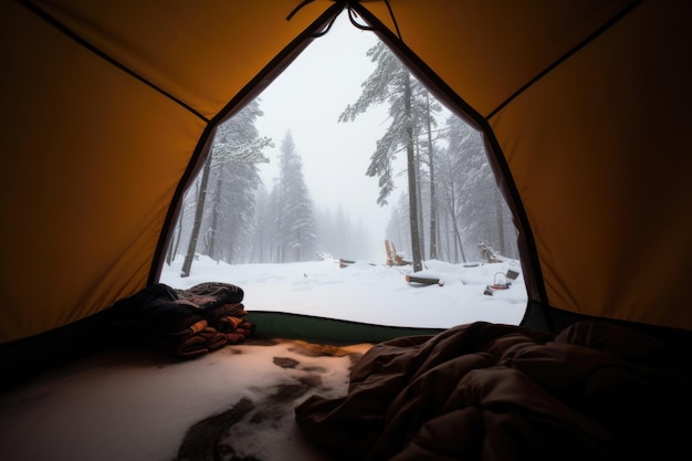 Der Blick aus dem Inneren eines kuschelig warmen Zeltes im Schnee, erstellt mit generativer KI