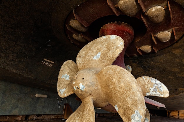 Der Boden eines im Trockendock gelagerten Schiffes mit Azimutantrieb und zwei Propellern achtern