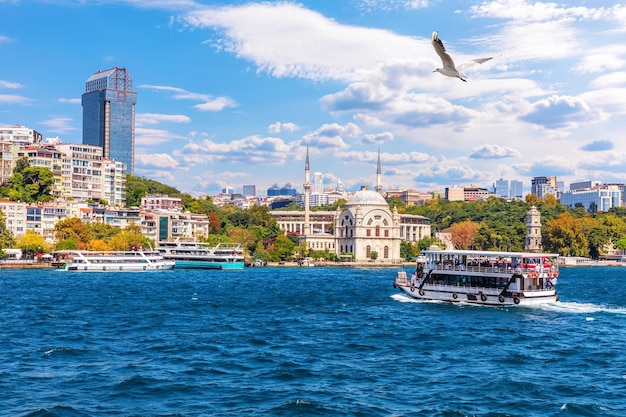 Der Bosporus-Blick auf die Moschee Molla Celebi und die modernen Gebäude von Istanbul Türkei