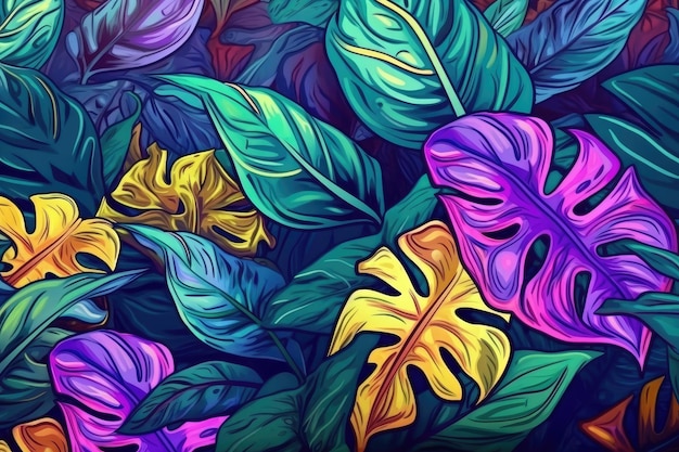Der botanische Hintergrund zeigt tropische Blätter in Nahaufnahme. Illustration Generative KI