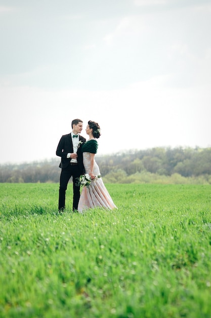 Der Bräutigam im braunen Anzug und die Braut im elfenbeinfarbenen Kleid auf einer grünen Wiese, die sich in die Ferne gegen den Himmel zurückzieht