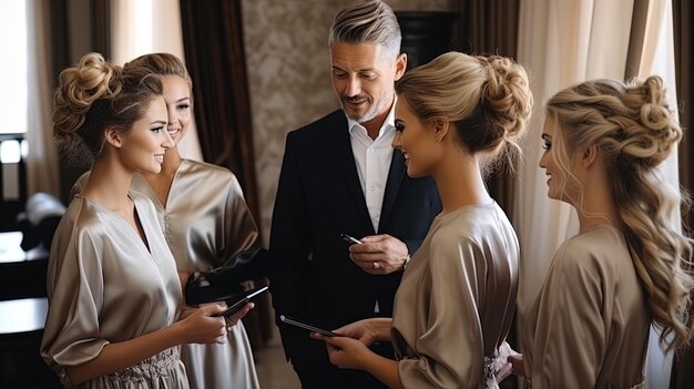 Foto der bräutigam und seine freundinnen diskutieren die kosten für die dienstleistungen des friseurs und stylisten für
