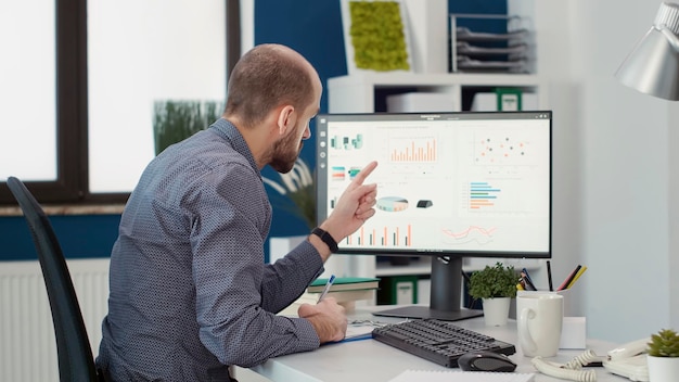 Der Buchhalter des Unternehmens analysiert Geschäftsdiagramme und Verkaufsdaten auf dem Computermonitor und verwendet E-Commerce-Statistiken zur Planung der Finanzstrategie. Männlicher Mitarbeiter, der an der Projektentwicklung arbeitet.