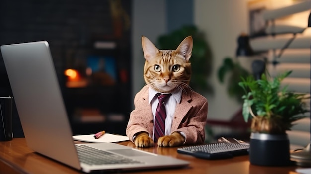 Foto der büroangestellte mit der katze sitzt am tisch