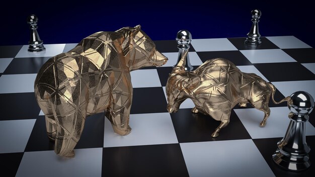 Der Bulle und der Bär auf dem Schachbrett für die 3D-Darstellung des Geschäftskonzepts