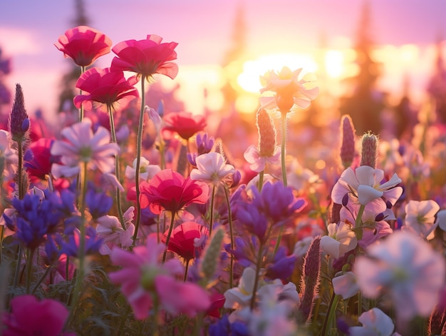 Der bunte Frühling blüht unter einem sonnenuntergehenden Himmel in einem blühenden Wildblumenfeld