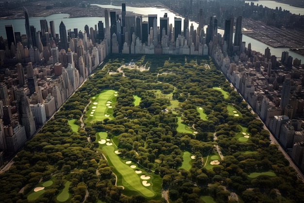 Der Central Park in New York City ist ein riesiger Golfplatz, Luftaufnahme, Illustration, generative KI