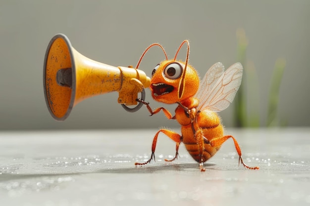 Der Charakter einer Biene, die durch ein Megafon spricht