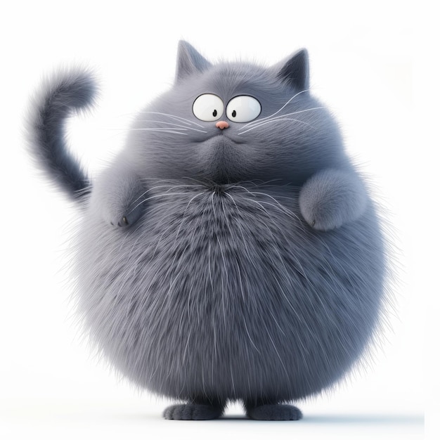 der Charakter einer fetten, niedlichen, flauschigen, grauen Katze auf einem weißen Hintergrund 3D-Illustration