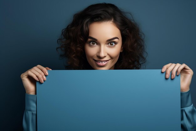 Foto der charismatische charme einer blau gekleideten brünetten geschäftsfrau, die die gelegenheit hinter der leere annimmt