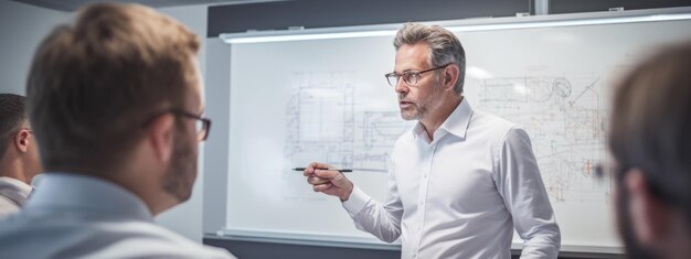 Der Chefarchitekt zerlegt mit seinen Kollegen einen Entwurf eines neuen Projekts auf einer Tafel