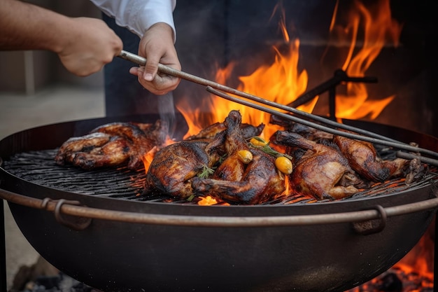 Der Chefkoch bereitet pflanzliche Speisen in einer Bratpfanne mit einer Feuerflamme zu. Das Konzept des Restaurant- und Hotelservices Flamber oder Kochen über natürlichem Feuer Grande Cuisine