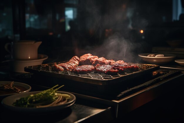 Der Chefkoch grillt zwei dicke Steaks auf brennender generativer KI