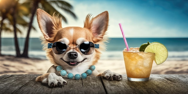 Der Chihuahua-Hund ist im Sommerurlaub im Badeort und entspannt sich am Sommerstrand von Hawaii