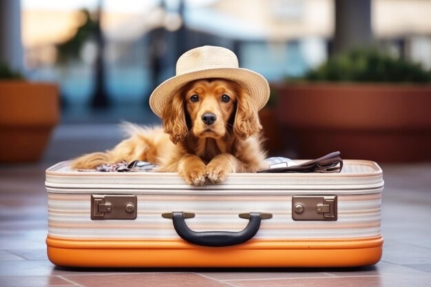 Der Cocker Spaniel sitzt in einem Koffer und reist mit Tieren. Generative KI