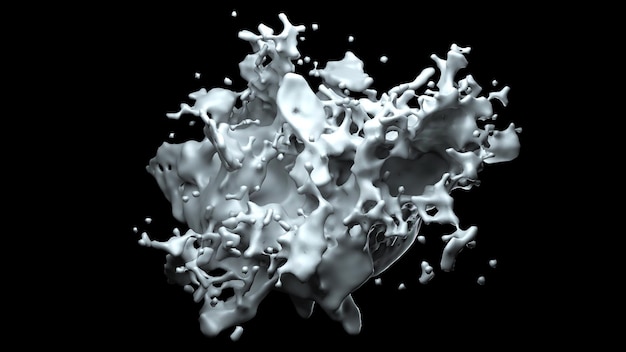 Der Computer generierte ein Objekt ähnlich einem Milchklumpen oder einer weißen Flüssigkeit mit vielen Sprays, die auf einem schwarzen Hintergrund 3D-Rendering isoliert waren
