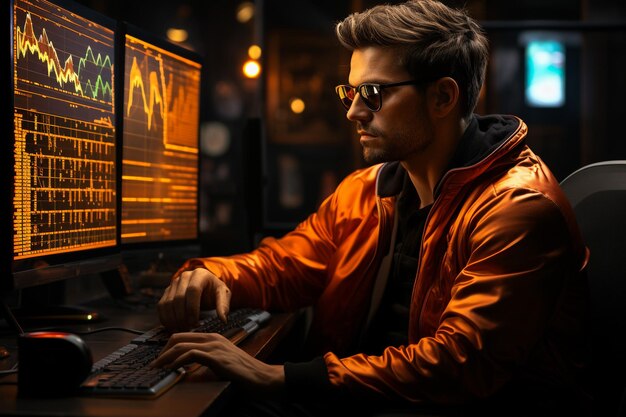 Der Computer mit der Börsengrafik steht im dunklen Raum mit Neonbeleuchtung
