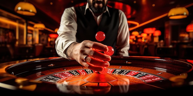Der Croupier hält eine Roulettekugel in einem Casino in der Hand