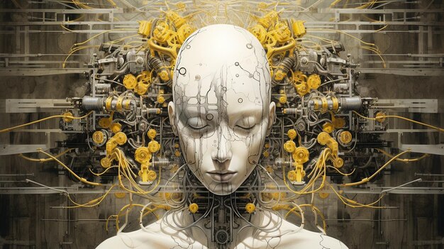 der Cyborg-Kopf mit offenen Armen 3D-Illustration