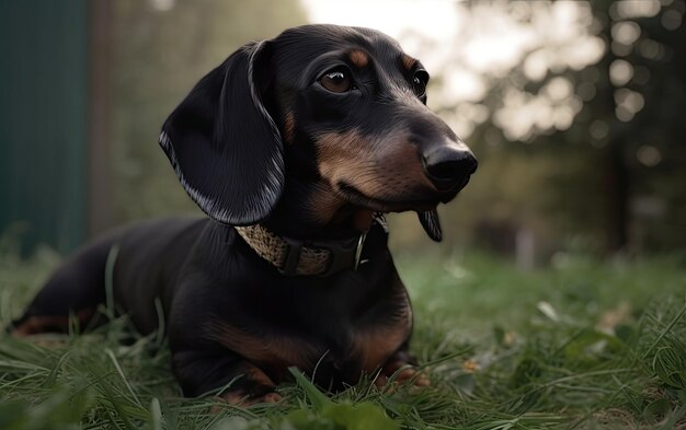 Foto der dachshund sitzt auf dem gras im park.