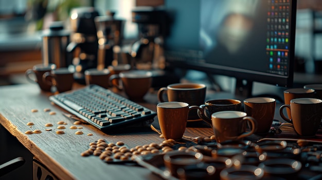 Der Desktop mit einer Computer-Tastatur ist mit Kaffeetassen von KI-Generation bedeckt