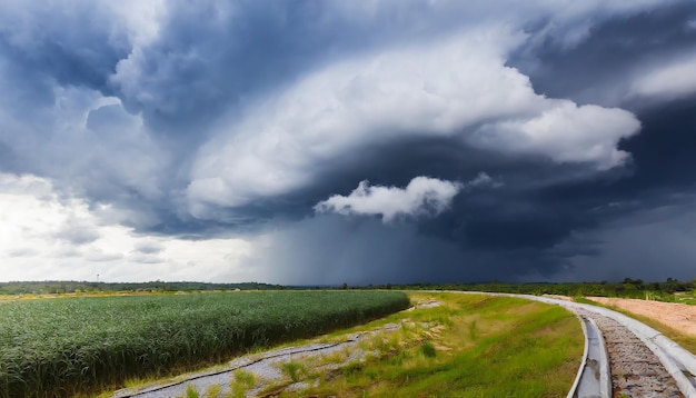 Der dunkle Himmel mit schweren Wolken und einem heftigen Sturm vor dem Regen