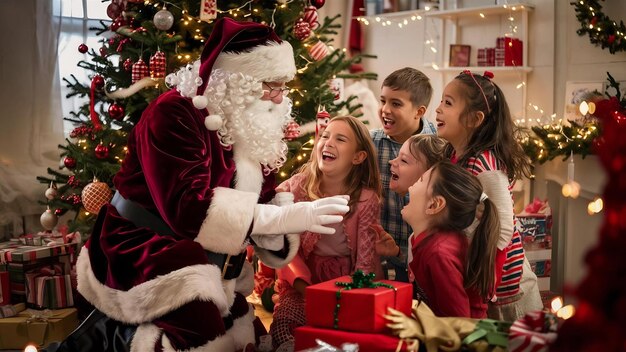 Der echte Weihnachtsmann spielt mit Kindern in der Nähe des Weihnachtenbaums