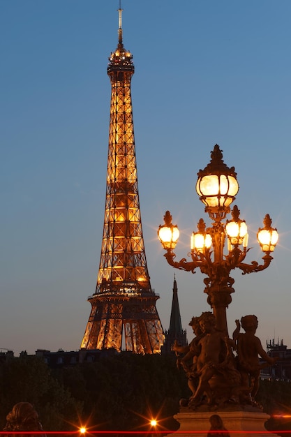 Der Eiffelturm und die Brücke Alexandre III bei Nacht Paris Frankreich