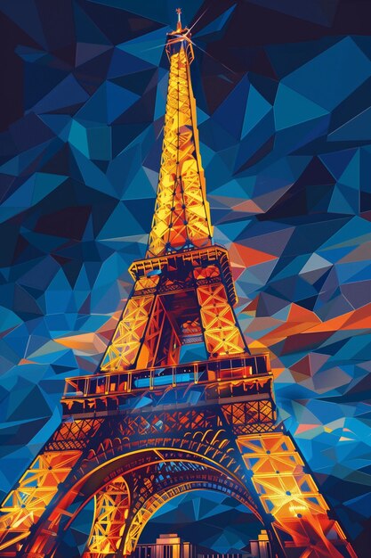Der Eiffelturm unter einem himmlischen Himmel, sein Eisenwerk leuchtet in dieser eindrucksvollen Vektorkunst, die von KI generiert wurde.