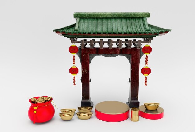 Der Eingang Chinesisches Bogentordekor mit hängenden Laternen und Podium 3D-Illustration