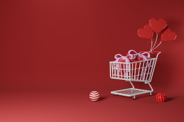 Der Einkaufswagen ist voll von Geschenkboxen und Liebesformen, die von Liebesballons zum Valentinstag-Designkonzept - 3D-Rendering hochgezogen werden