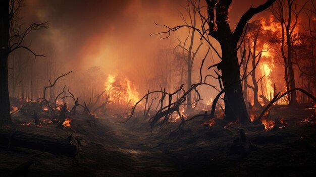 Der einst friedliche Wald ist heute ein chaotisches Schauplatz brennender Bäume und brennender Flammen