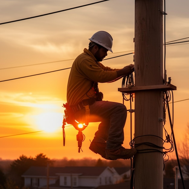 der Elektriker, der während der goldenen Stunde geschickt an den Verdrahtungsverbindungen an der Spitze eines Strompfahls arbeitet Generative KI