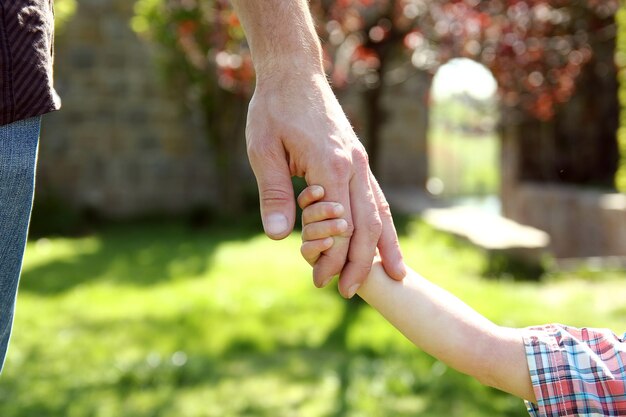 Der Elternteil hält die Hand eines kleinen Kindes auf der Natur