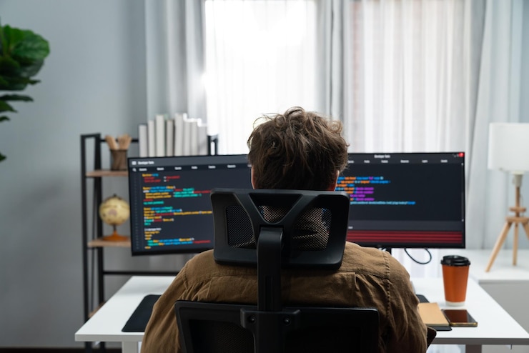 Foto der entwickler erstellt online-software-informationen auf der rückseite von image gusher