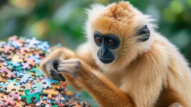 Foto der entzückende gibbon genießt das puzzle-spiel von oben aus und zeigt seine intelligenz mit charme.