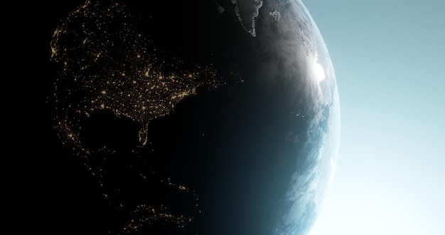 Der Erdplanet, der nachts aus dem All betrachtet wird und die Lichter der Vereinigten Staaten von Amerika zeigt, Nahaufnahme, 3D-Darstellung des Planeten Erde, Technologie- und Kommunikationskonzept